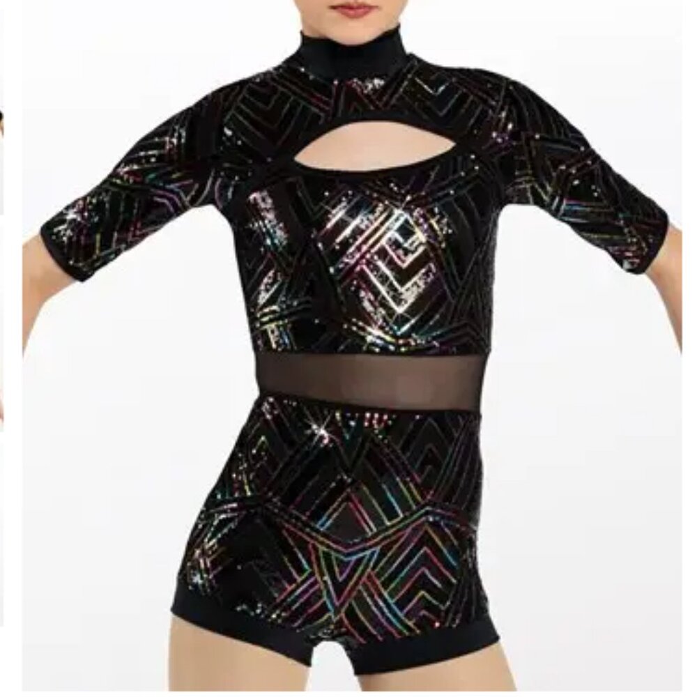 Weissman Applause Costume, black rainbow sequin biketard, IC